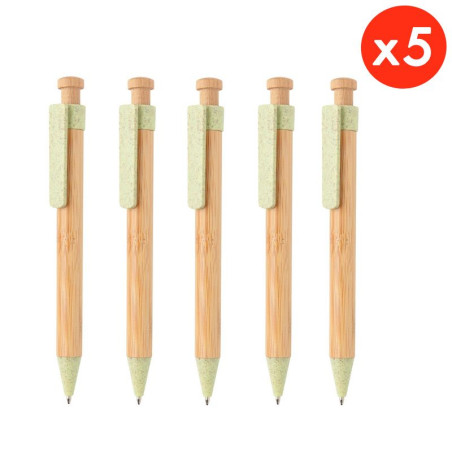 5 stylos en bambou avec clip