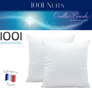 Oreiller Coton Percale 60x60, 91 fils, 550gr fibres creuses siliconnée soufflée, lot de 2, 1001 Innovations