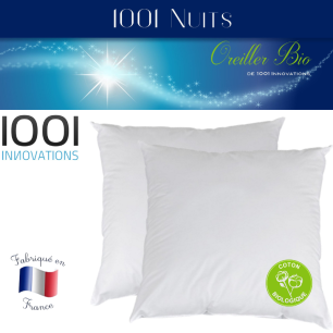 Lot de 2 Oreillers Bio Coton 65x65 600gr fibres creuses siliconnée soufflée 1001 Innovations