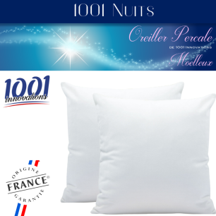 Oreiller Coton Percale Moelleux 65x65, 91 fils, 600 gr fibres creuses siliconée soufflée, lot de 2, 1001 Innovations