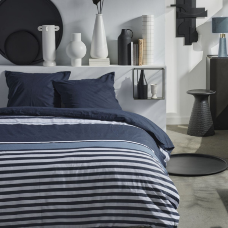 Parure de lit Mawira Rayures bleues 240x260 cm - Reconditionné