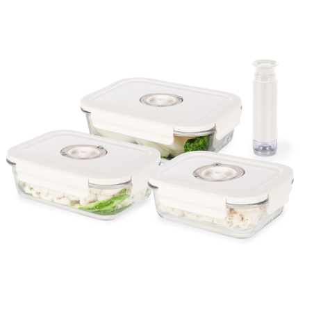 Lot de 3 boîtes alimentaires sous vide en VERRE + dateur et pompe intégrée