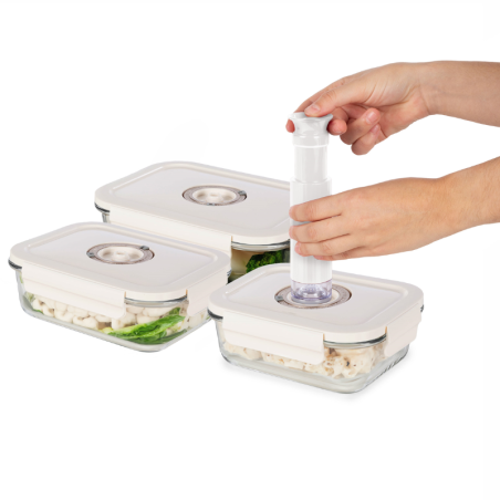 Lot de 3 boîtes alimentaires sous vide en VERRE + dateur et pompe intégrée